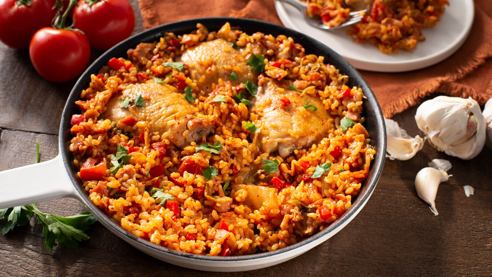 Bacon and Kimchi Paella with Chicken