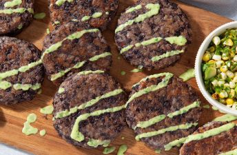 Black bean and brown rice cakes with avocado salsa