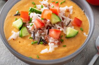 Gazpacho soup with Jasmine with Red & Wild Rice, tomatoes,