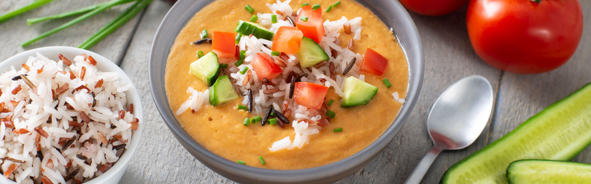 Gazpacho soup with Jasmine with Red & Wild Rice, tomatoes, cucumber and olive oil