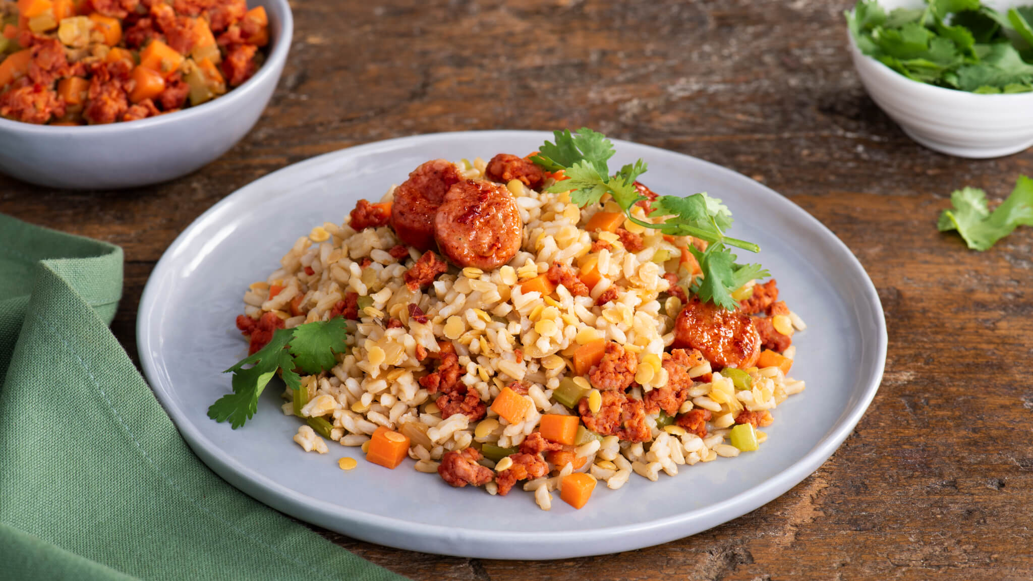 Lentils Brown Rice, Chorizo, Carrots and Fresh Cilantro