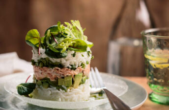 Jasmine Rice Towers with diced avocados, lettuce and spicy salmon