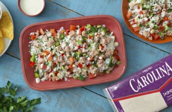 Rice and tuna salad made with canned tuna, jasmine rice, bell peppers and a mayonnaise dressing