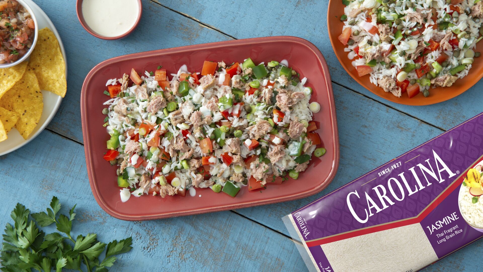 Rice and tuna salad made with canned tuna, jasmine rice, bell peppers and a mayonnaise dressing