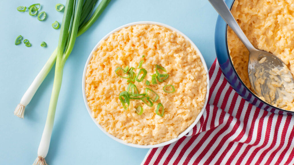 Creamy Rice Mac and Cheese with greens