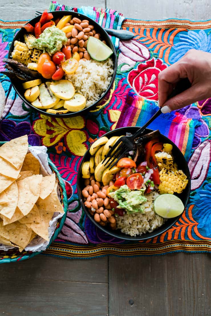 Grilled vegetables and burrito rice bowls with Hatch green chile