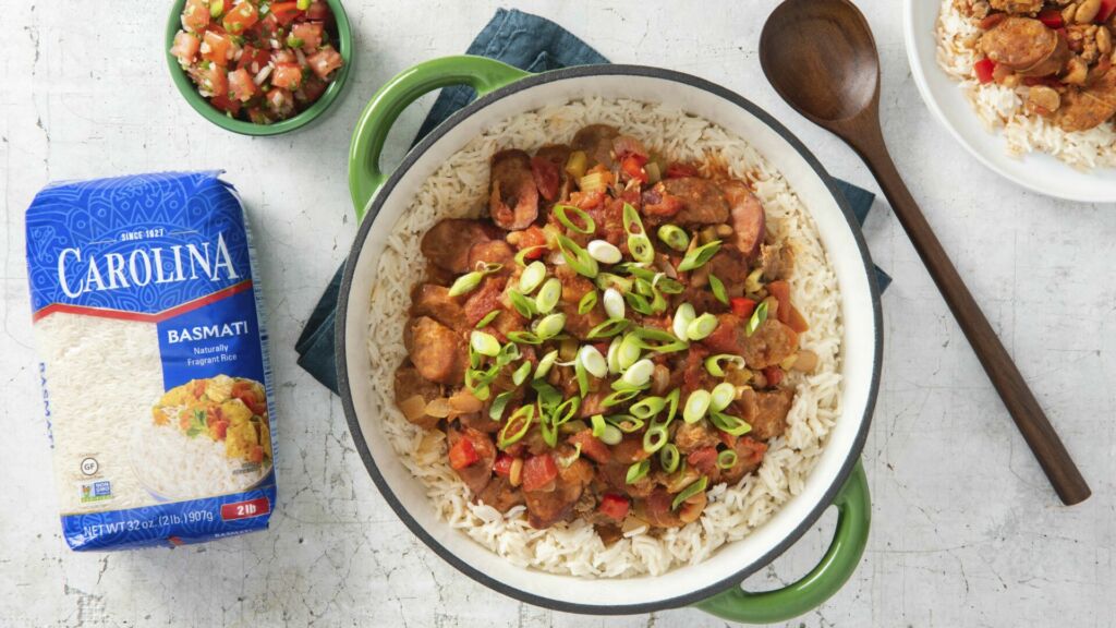 Mexican-jambalaya-with-sausages-and-basmati-rice