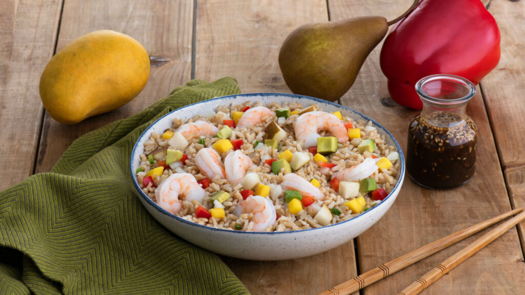 Asian Brown Rice Salad with Shrimp and Sesame Orange Dressing