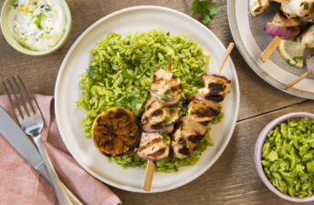 Green jasmine rice with garlic lemon chicken kebabs