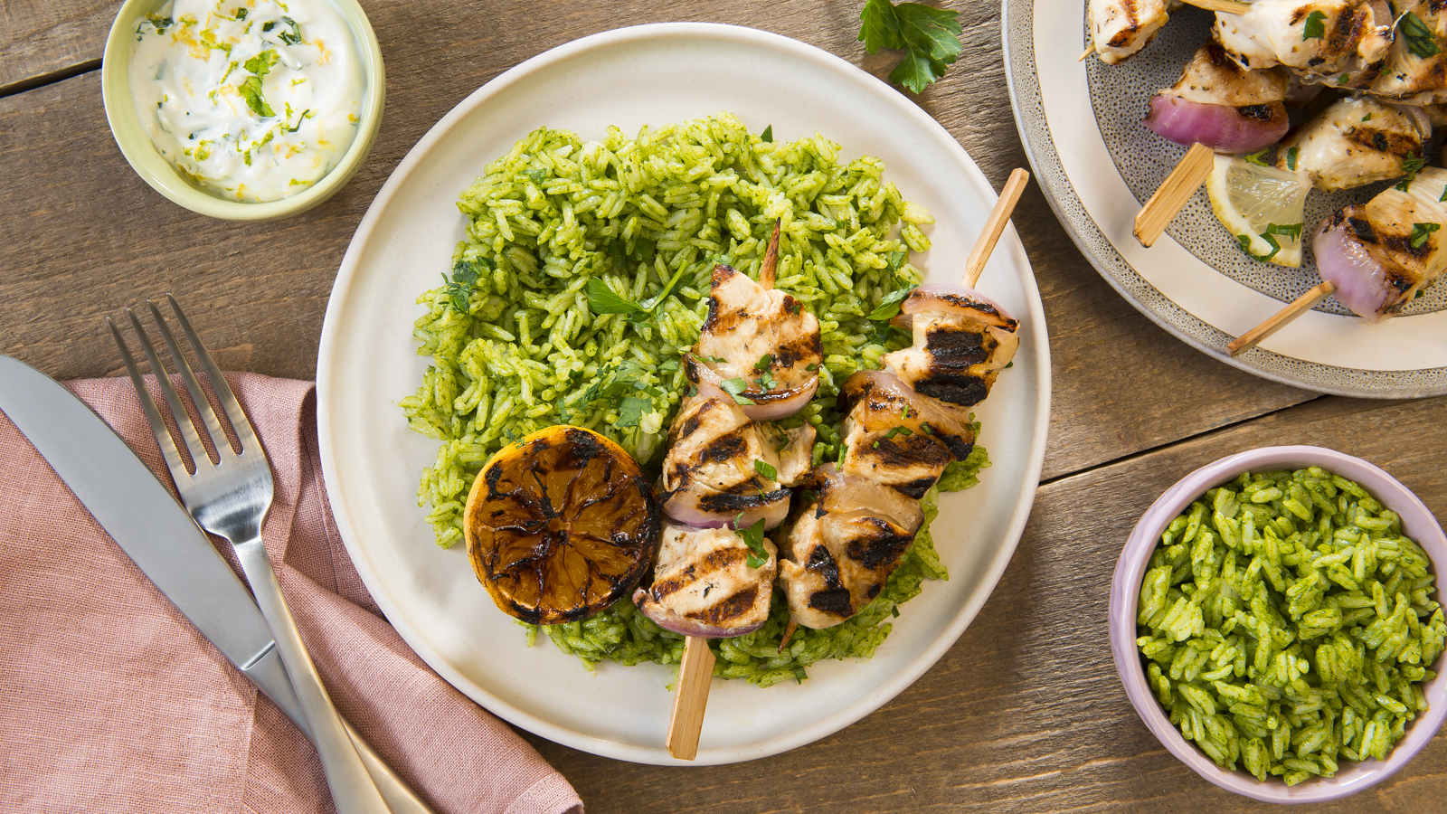 Green jasmine rice with garlic lemon chicken kebabs