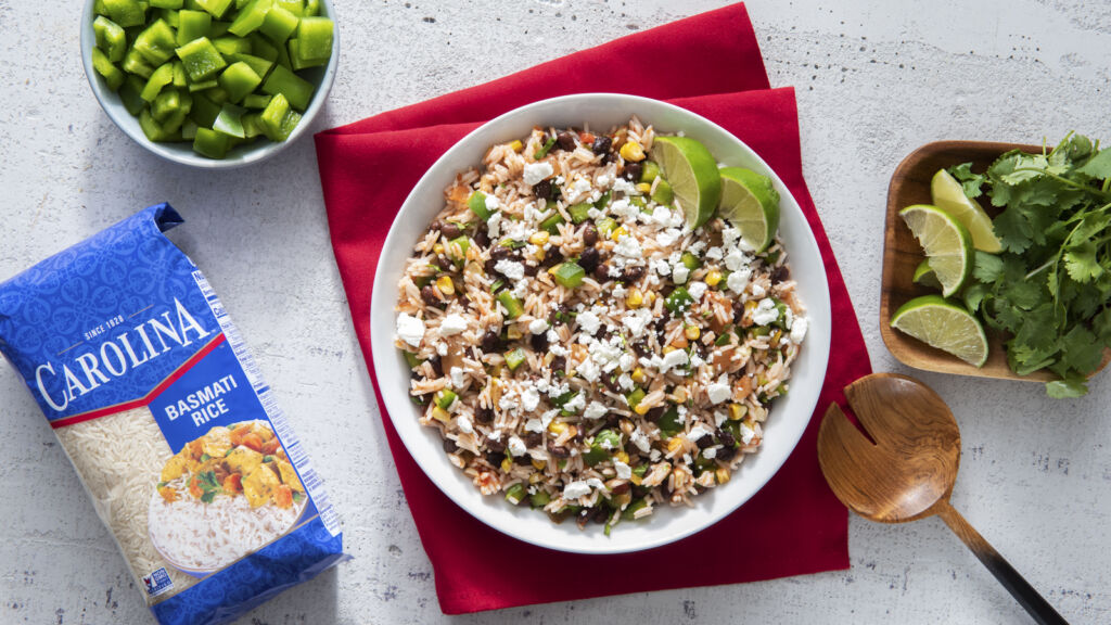 Spicy Southwest-inspired rice salad with beans, feta cheese and cilantro