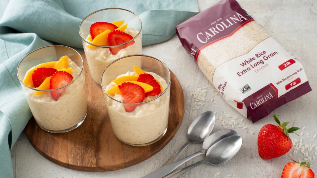 Tres Leches Rice pudding in cup with fruit