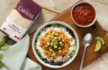 vegan tinga rice bowl with avocado