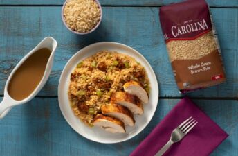 Roast Chicken with Chorizo Brown Rice and Mushroom Stuffing