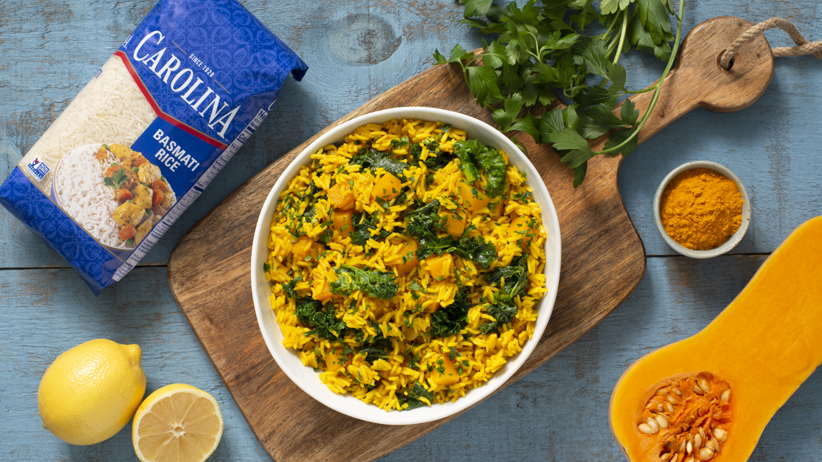 Arroz amarillo con cúrcuma, calabaza y kale