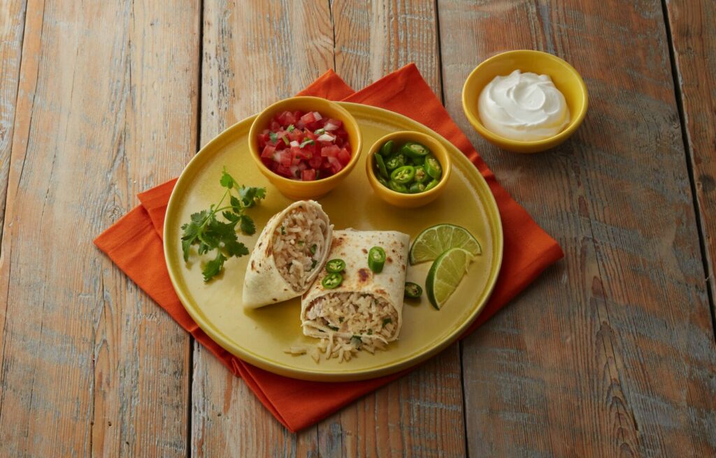 Cilantro-lime-rice-burritos-with-leftover-turkey-jasmine-rice-tomatoes-and-sour-cream