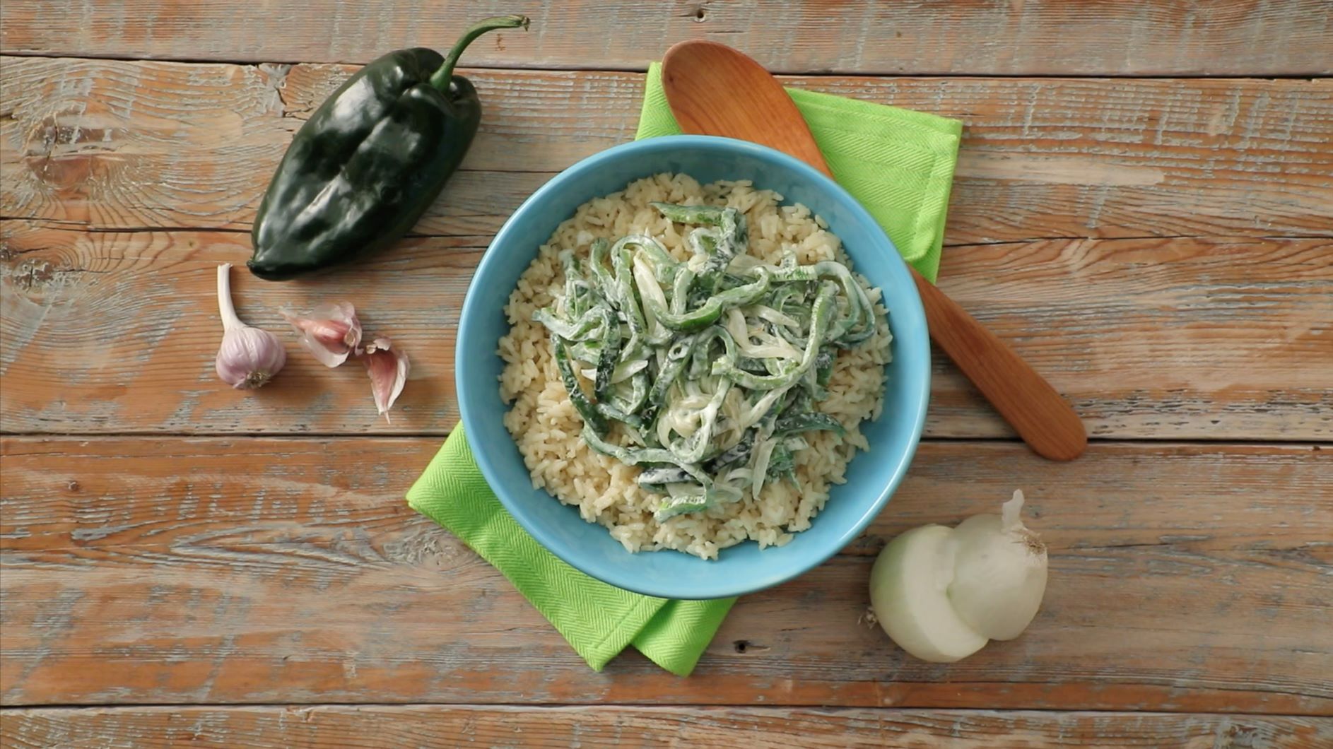 Poblano Pepper Strips with Cream and Rice