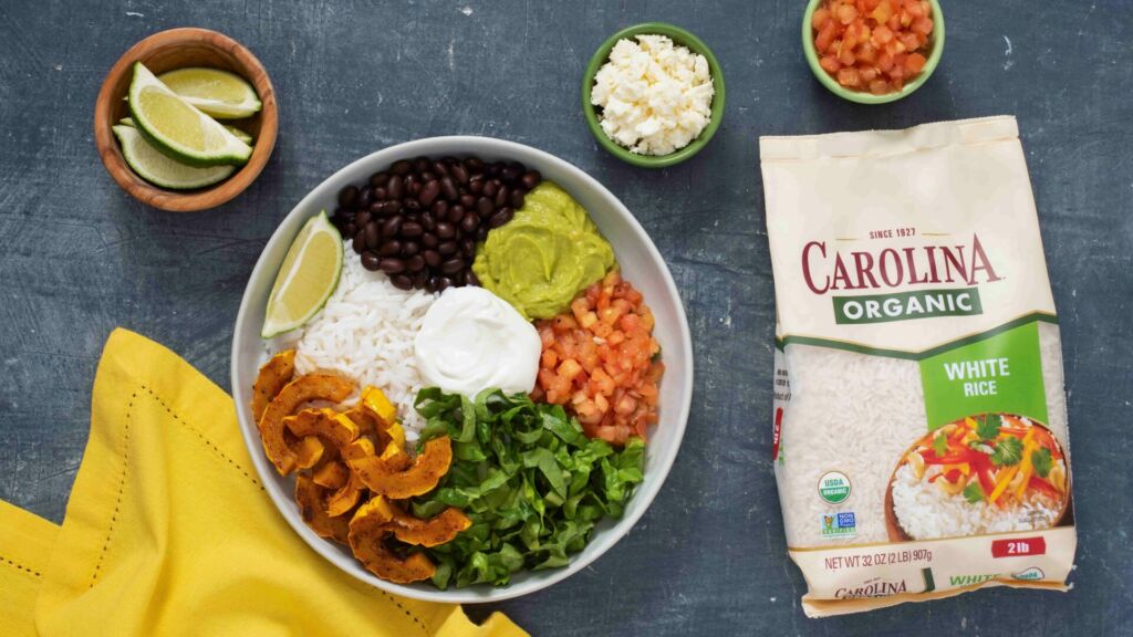 vegetarian-taco-bowl-with-organic-rice-roasted-butternut-squash-black-beans-and-guacamole