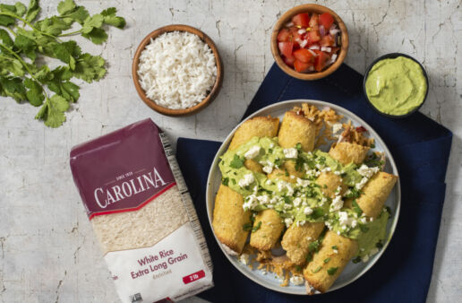 tacos-dorados-with-white-rice-chicken-avocado-cream-beans-and-tomatoes