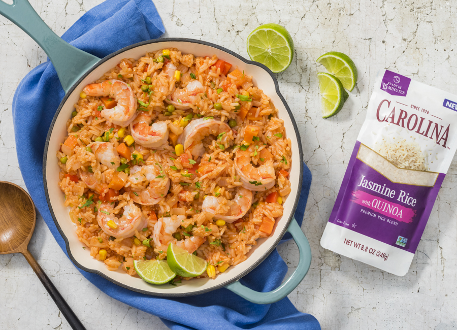 mexican-rice-and-quinoa-dish-with-shrimp-and-lime-wedges