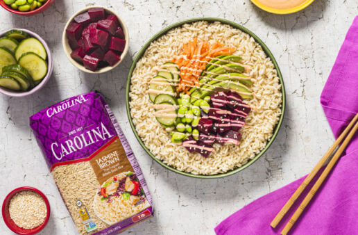 vegetarian-poke-bowl-with-beet-jasmine-brown-rice-avocado-pickled-cucumbers-edamame-and-carrots