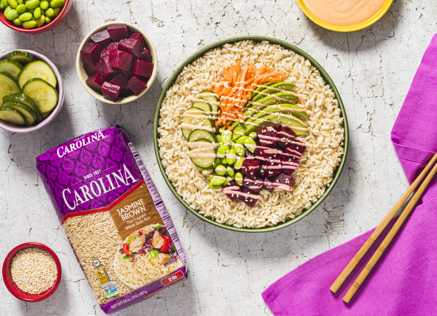 vegetarian-poke-bowl-with-beet-jasmine-brown-rice-avocado-pickled-cucumbers-edamame-and-carrots